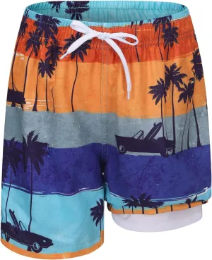 Aisyee Boys Swim Trunks with Compression Liner Swim Shorts Boys Boards Shorts with Boxer Brief Liner 7-16 Years