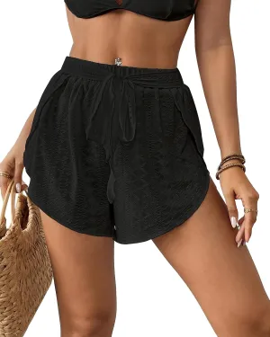 Bsubseach Swim Cover Up Shorts for Women Hollow Out Split Beach Shorts Drawstring Bikini Cover Up Bottom