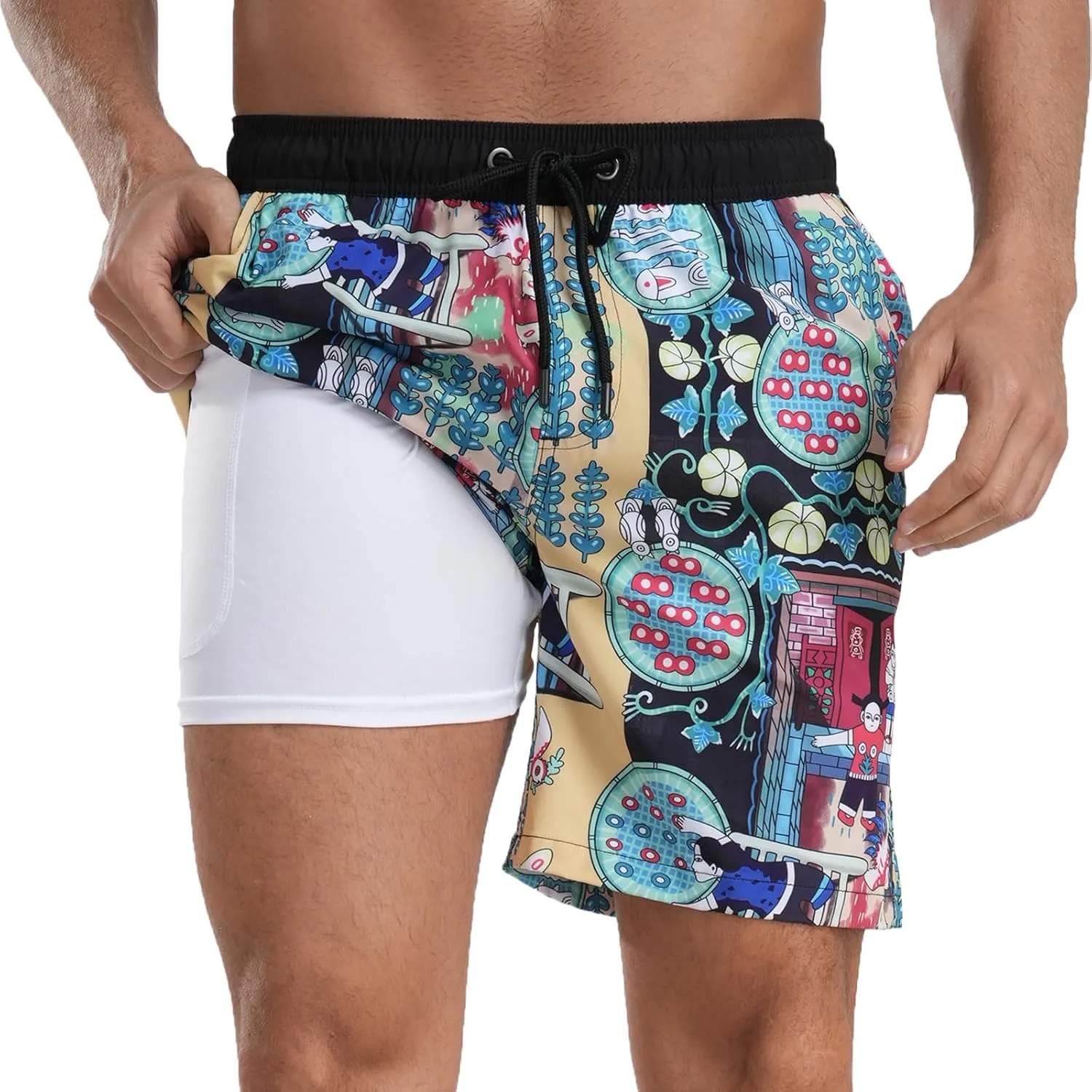 Mens Swim Trunks with Compression Liner 7 inch Inseam Bathing Suit Swim Shorts Men