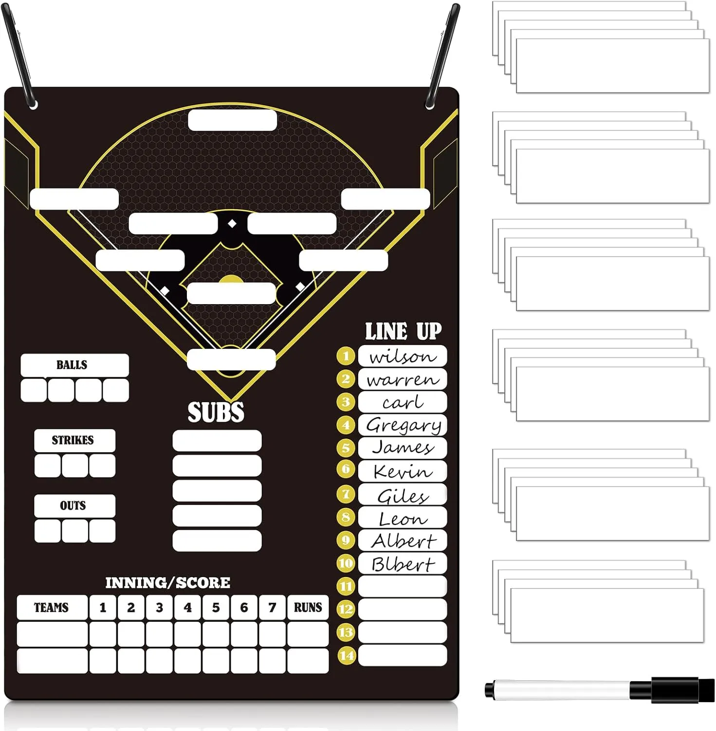 Metal Magnetic Dugout Board Set Hanging Magnetic Baseball Softball Lineup Board with 30 Pcs Lineup Cards 2 Pcs Snap Hooks Dry Erase Pen Baseball Magnet Board for Dugout Batting Coaching