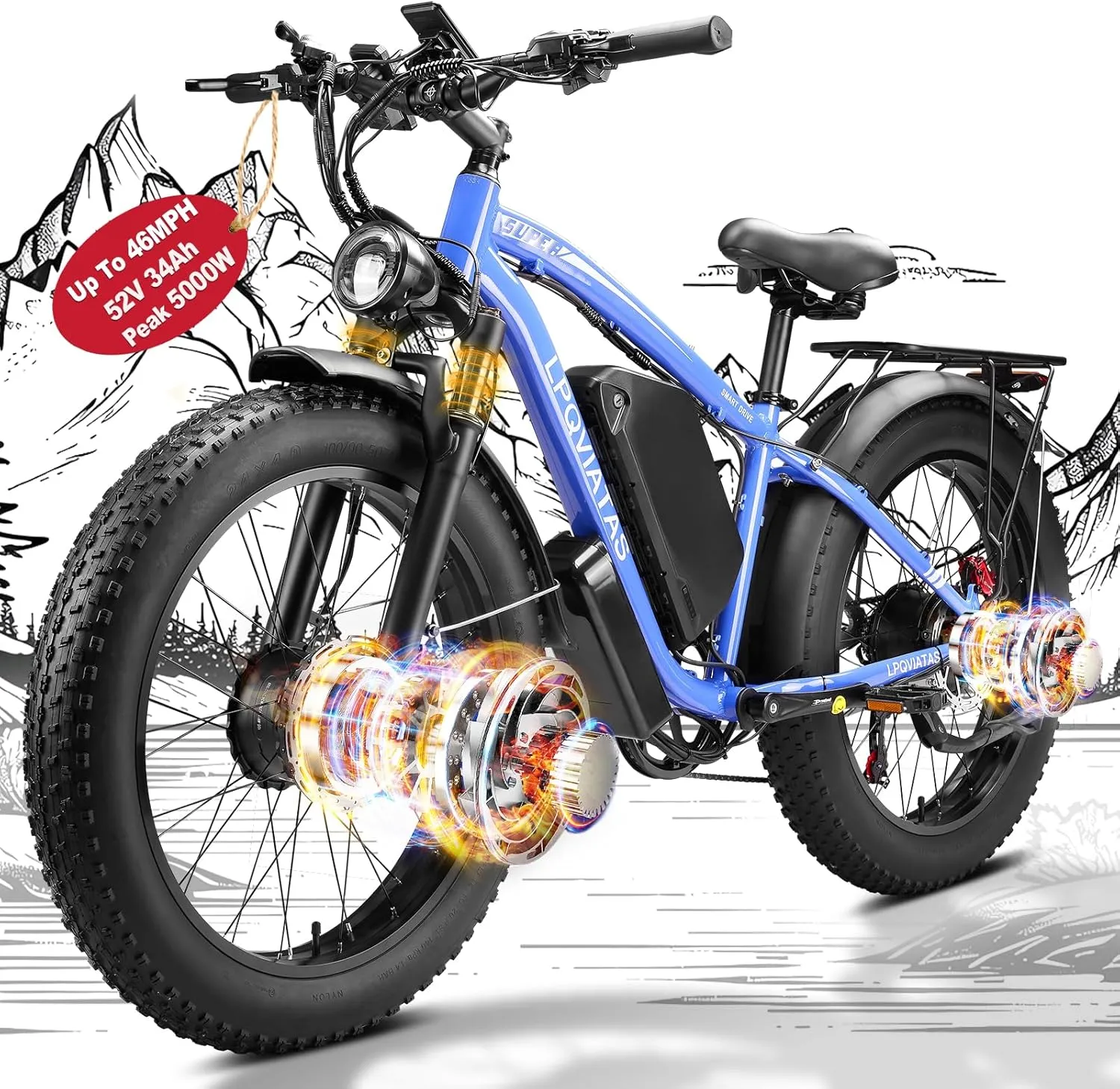 Peak-5000W-Dual-Motor-Electric-Bike for Adults, 52V 34Ah Battery Up To 105 Miles, 42-46MPH Fast-Dual-Motor-Ebike,24"*4" Front-Lockable-Suspension-Women-Men-Fat-Tire-Electric-Mountain-OffRoad-Bicycle