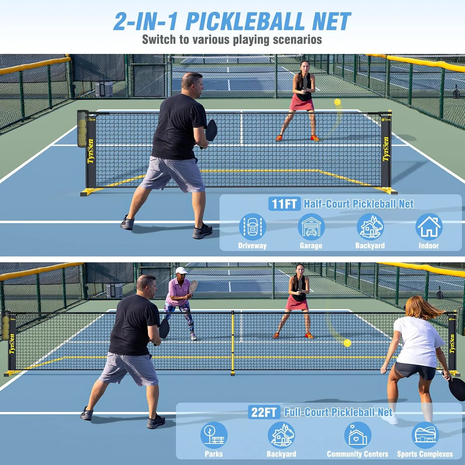Portable Pickleball Net for Driveway, 22 FT Regulation Size & 11 FT Half Court Size Pickle Ball Net with Ball Collector, 2-in-1 Pickle Ball Net with Carry Bag for Garages Backyard