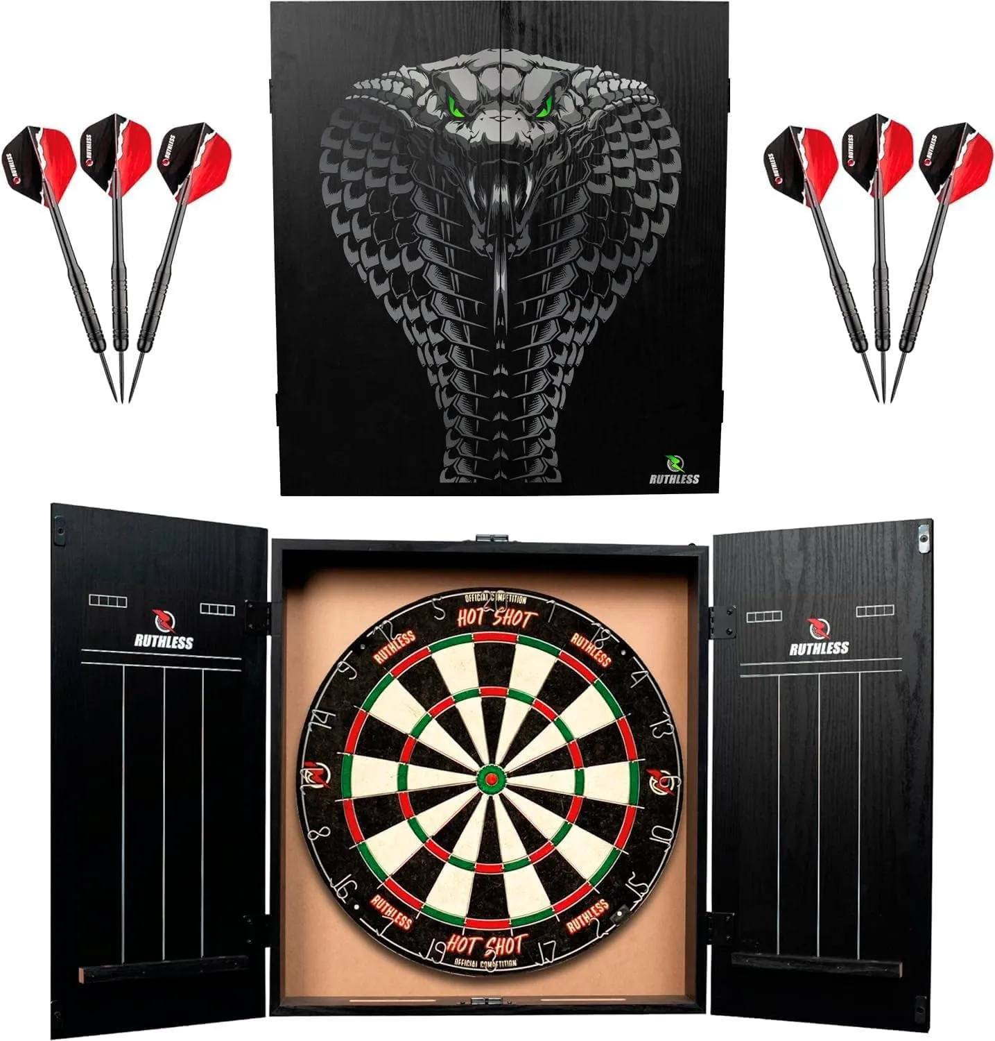 Ruthless Home Darts Centre | Complete Home Dart Board Centre Including Cabinet, Dartboard and 2 Sets of Darts